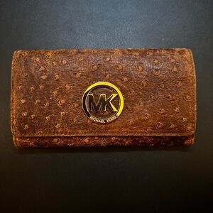 Michael Kors Ostrich-Embossed Brown Wallet with Gold Logo